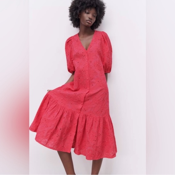 Zara The Marta Dress embroidered eyelet detail Midi Pink NWT size women’s XL - Picture 1 of 13